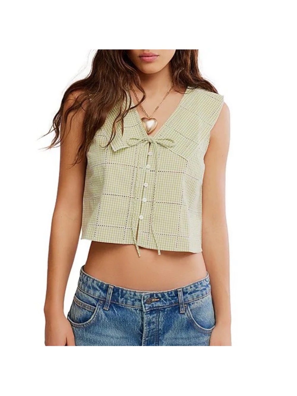 Free People Sleeveless Green Gingham Top